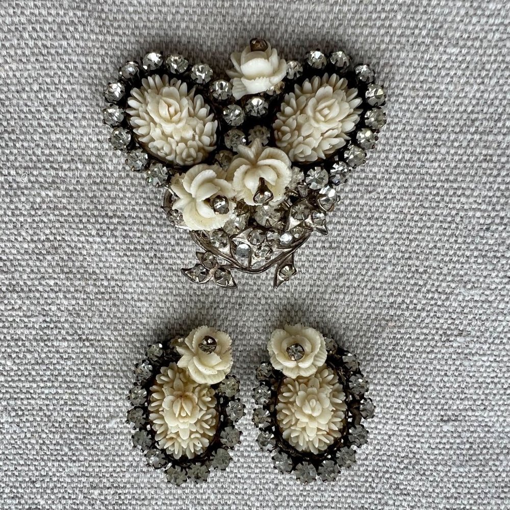 Vintage Signed Miriam Haskell Brooch and Earring Set for Wear or Repair